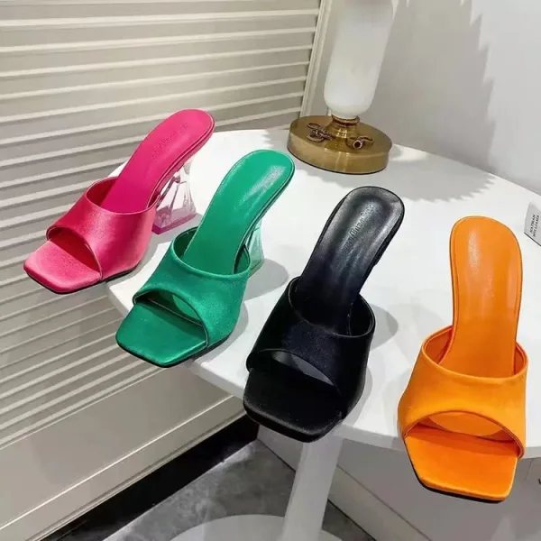 Enkla Grön Casual Satin Sommar Sandaler Dam 2022 8 cm Kristall Stilettklackar Peep Toe Sandaler Högklackade