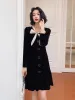 Elegant Black Velour Homecoming Graduation Dresses 2022 A-Line / Princess Scoop Neck Bow Long Sleeve Knee-Length Formal Dresses