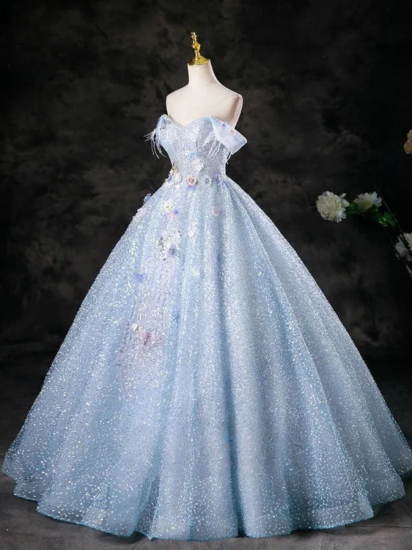 Bling Bling Sky Blue Beading Appliques Sequins Prom Dresses 2025 Ball Gown Off-The-Shoulder Sleeveless Backless Floor-Length / Long Formal Dresses