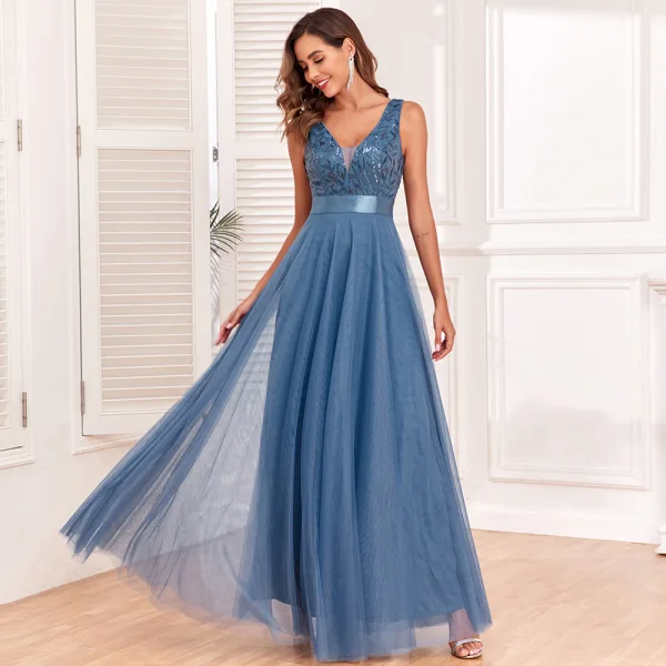 Chic / Beautiful Ocean Blue Lace Flower Sequins Evening Dresses 2024 A-Line / Princess V-Neck Sleeveless Backless Floor-Length / Long Evening Party Formal Dresses