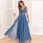 Chic / Beautiful Ocean Blue Lace Flower Sequins Evening Dresses 2024 A-Line / Princess V-Neck Sleeveless Backless Floor-Length / Long Evening Party Formal Dresses