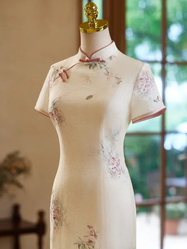 Chinese style Beige Printing Floor-Length / Long Cheongsam 2024 Trumpet / Mermaid High Neck Short Sleeve