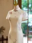 Chinese style Beige Printing Floor-Length / Long Cheongsam 2024 Trumpet / Mermaid High Neck Short Sleeve