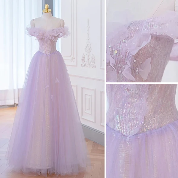 Charming Lavender Beading Pearl Sequins Evening Dresses 2023 A-Line / Princess Off-The-Shoulder Sleeveless Backless Floor-Length / Long Evening Party Formal Dresses