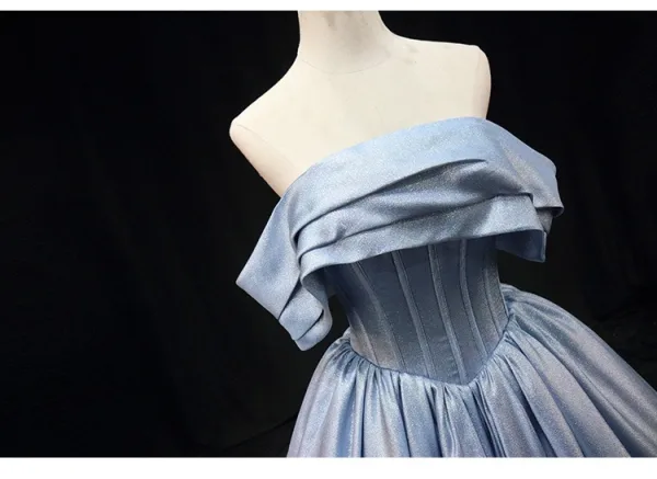 Chic / Beautiful Sky Blue Off-The-Shoulder Prom Dresses 2025 Ball Gown Short Sleeve Backless Floor-Length / Long Prom Formal Dresses