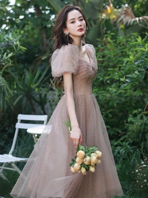 Chic Belle Rougissant Rose Anniversaire Robe De Fête 2022 Princesse Encolure Carrée Gonflée Manches Courtes Dos Nu Longue Robe De Ceremonie