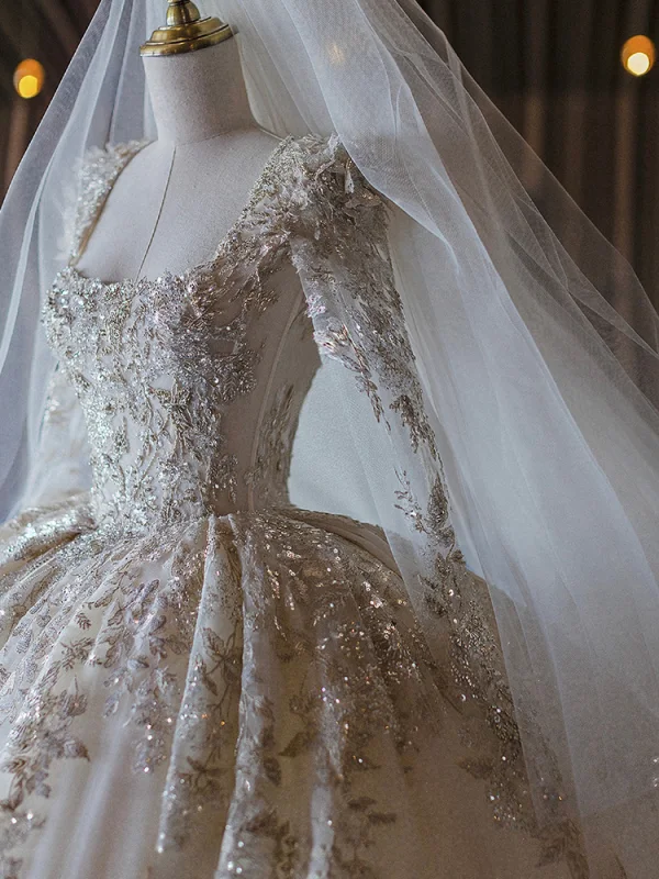Luxury / Gorgeous Ivory Beading Sequins Satin Wedding Dresses 2024 Ball Gown U-Neck Long Sleeve Backless Royal Train Wedding
