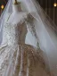 Luxury / Gorgeous Ivory Beading Sequins Satin Wedding Dresses 2024 Ball Gown U-Neck Long Sleeve Backless Royal Train Wedding