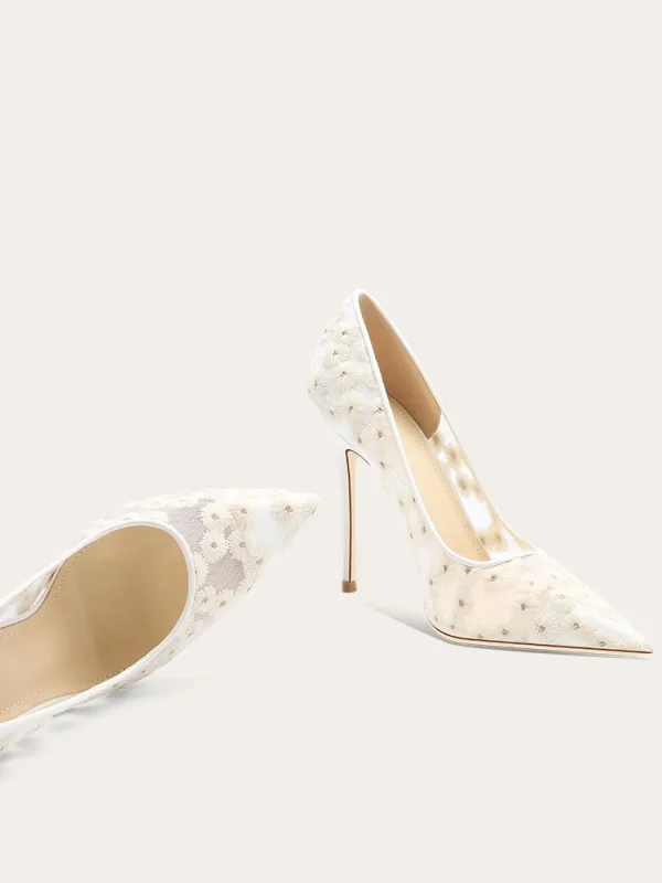 Mode Blanche Marguerite Brodé Chaussure De Mariée 2024 10 cm Talons Aiguilles À Bout Pointu Mariage Escarpins Talons Hauts