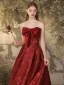Chic / Beautiful Burgundy Printing Satin Prom Dresses 2024 Ball Gown Strapless Bow Sleeveless Backless Floor-Length / Long Prom Formal Dresses