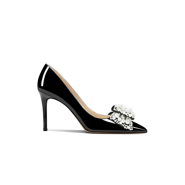 Sjarmerende Sukkertøyrosa Aften Perle Sløyfe Pumps 2024 Lær 8 cm Stiletthæler Spisse Pumps Høyhælte