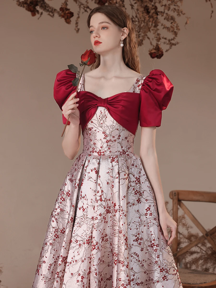 Fashion Burgundy Satin Printing Prom Dresses 2023 A Line Princess Square  Neckline Bow Short Sleeve Backless Floor Length Long Prom Formal Dresses
