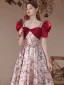 Fashion Burgundy Satin Printing Prom Dresses 2023 A-Line / Princess Square Neckline Bow Short Sleeve Backless Floor-Length / Long Prom Formal Dresses