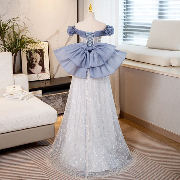 Schöne Himmelblau Perlenstickerei Pailletten Abendkleider 2023 A Linie Off Shoulder Ärmellos Rückenfreies Schleife Lange Abend Festliche Kleider