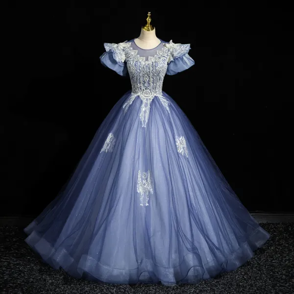 Elegant Sky Blue Beading Lace Flower Prom Dresses 2023 Ball Gown Scoop ...