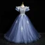 Elegant Sky Blue Beading Lace Flower Prom Dresses 2023 Ball Gown Scoop Neck Puffy Short Sleeve Backless Floor-Length / Long Prom Formal Dresses