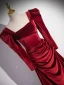 Elegant Burgundy Velvet Prom Dresses 2024 A-Line / Princess Square Neckline Long Sleeve Backless Sweep Train Prom Formal Dresses