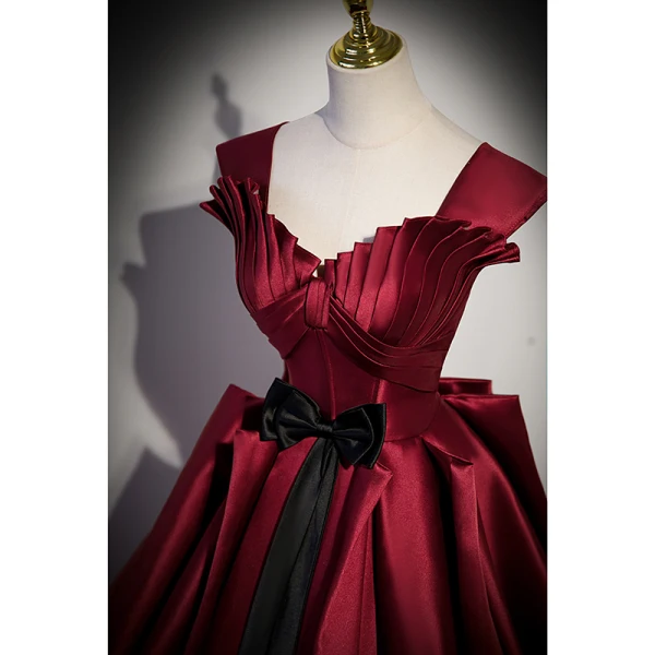 Elegant Burgundy Bow Satin Prom Dresses 2023 Ball Gown V-Neck Short Sleeve Backless Floor-Length / Long Prom Formal Dresses