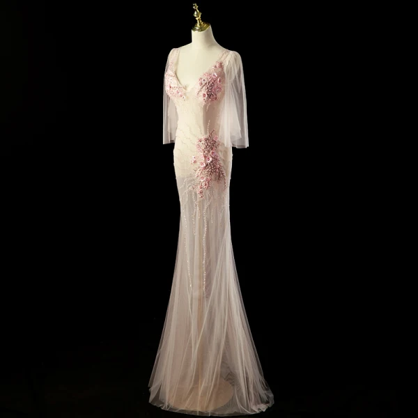 Charmant Rougissant Rose Perlage Perle Paillettes Robe De Soirée 2024 Trompette / Sirène Col v profond Manches Courtes Dos Nu Longue Soirée Robe De Ceremonie