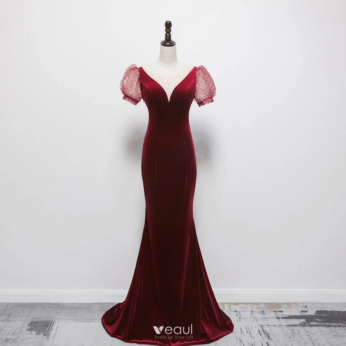 Long Sleeve Red Velvet Dress Women Elegant Luxury Stitching V-neck