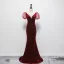 Elegant Burgundy Beading Velvet Evening Dresses 2023 Trumpet / Mermaid Scoop Neck Zipper Up at Side Puffy Short Sleeve Backless Floor-Length / Long Prom Formal Dresses