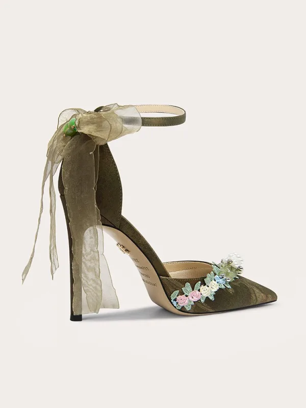 Chic / Beautiful Clover Green Appliques Bow Ankle Strap Prom Womens Sandals 2025 Leather 10 cm Stiletto Heels Pointed Toe Womens Shoes
