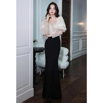 Fashion Black Sequins Pearl Evening Dresses 2022 Trumpet Mermaid V Neck Long Sleeve Backless Floor Length Long Evening Party Formal Dresses