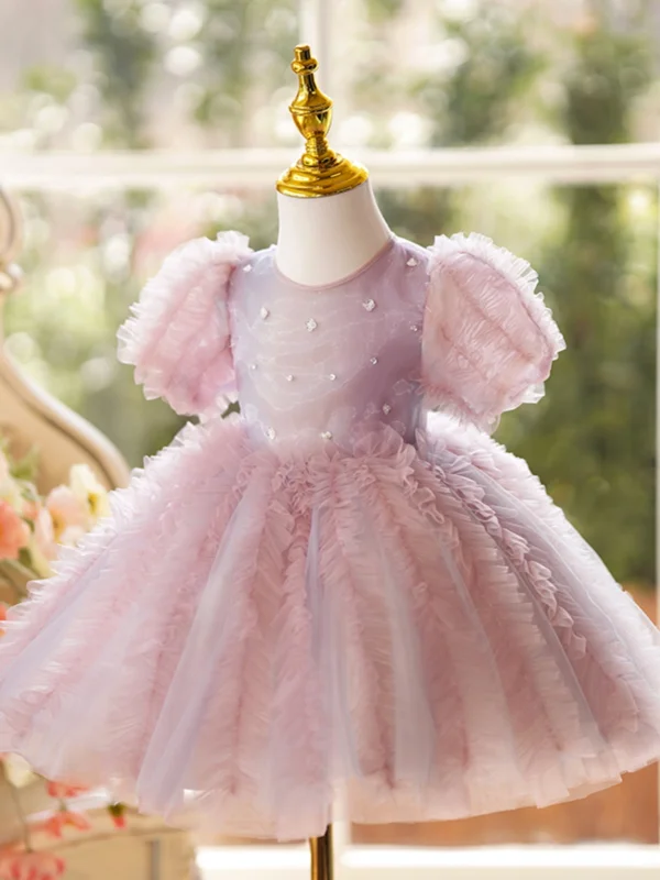 Chic / Beautiful Blushing Pink Birthday Ruffle Short Flower Girl Dresses 2024 Ball Gown Scoop Neck Puffy Short Sleeve