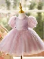 Chic / Beautiful Blushing Pink Birthday Ruffle Short Flower Girl Dresses 2024 Ball Gown Scoop Neck Puffy Short Sleeve