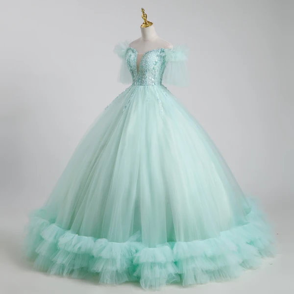 Elegant Mint Green Beading Pearl Sequins Cascading Ruffles Prom Dresses 2023 Ball Gown Off-The-Shoulder Short Sleeve Backless Floor-Length / Long Prom Formal Dresses