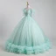 Elegant Mint Green Beading Pearl Sequins Cascading Ruffles Prom Dresses 2023 Ball Gown Off-The-Shoulder Short Sleeve Backless Floor-Length / Long Prom Formal Dresses