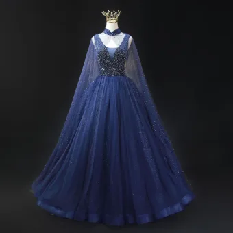 Haut De Gamme Vintage Originale Bleu Marine Perlage Paillettes Robe De Bal 2024 Robe Boule Col Haut Sans Manches Dos Nu Longue Robe De Ceremonie