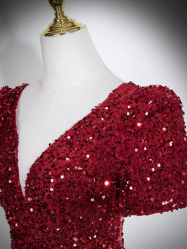 Éclatant Bordeaux Paillettes Robe De Soirée 2026 Princesse V-Cou Manches Courtes Dos Nu Longue