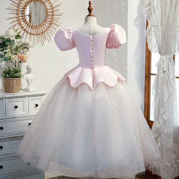 Charmant Rougissant Rose Paillettes Anniversaire Robe Ceremonie Fille 2022 Robe Boule Encolure Carrée Gonflée Manches Courtes Dos Nu Perle Faux Diamant Longue Robe Ceremonie Fille