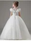 Chic / Belle Blanche Étoile Paillettes Papillon Brodé Mariage Robe Ceremonie Fille 2025 Robe Boule Encolure Dégagée Manches Courtes Longue Robe Ceremonie Fille