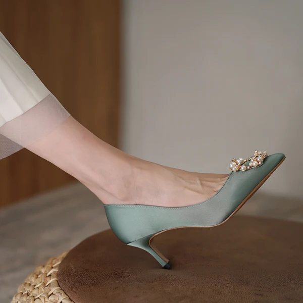 Chic / Belle Noire Promo Perle Faux Diamant Escarpins 2023 Satin 6 cm Talons Aiguilles À Bout Pointu Escarpins Talons Hauts