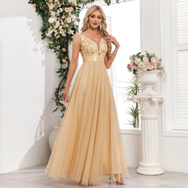 Chic / Beautiful Ocean Blue Lace Flower Sequins Evening Dresses 2024 A-Line / Princess V-Neck Sleeveless Backless Floor-Length / Long Evening Party Formal Dresses