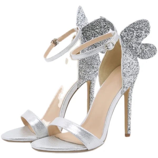 Glitzernden Silber Pailletten Schmetterling Sandalen Damen 2022 Cocktail Abend 11 cm Stilettos Knöchelriemen Peeptoes Sandaletten Hochhackige