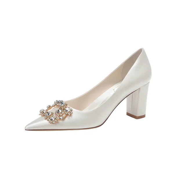 Edles Weiß Strass Satin Brautschuhe 2024 6 cm Spitzschuh Hochzeit Pumps Hochhackige Block Absätze