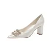 Classy White Rhinestone Satin Wedding Shoes 2024 6 cm Pointed Toe Wedding Pumps High Heels Block Heels