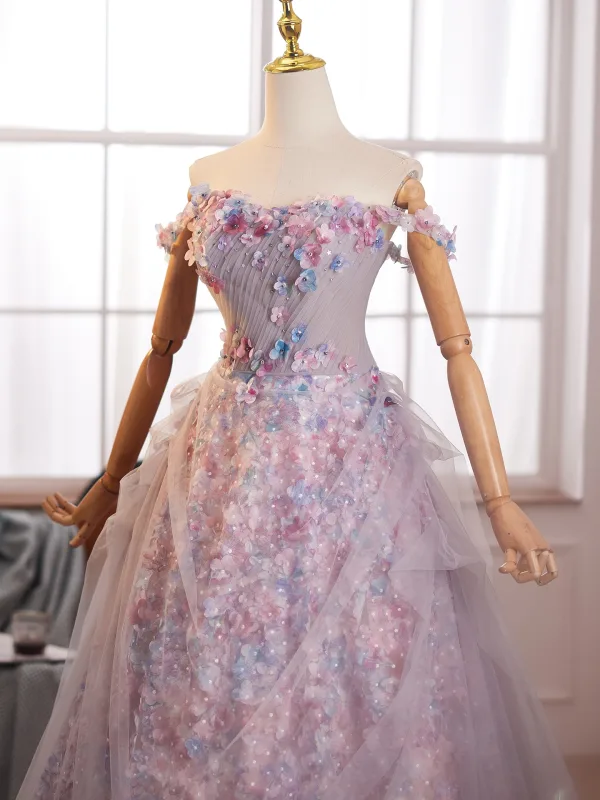 Flower Fairy Blushing Pink Star Sequins Multi-Colors Appliques Prom Dresses 2025 Ball Gown Off-The-Shoulder Sleeveless Backless Floor-Length / Long Formal Dresses