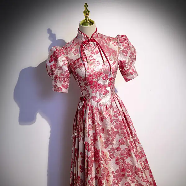 Fantaisie Bordeaux Impression Perle Robe De Soirée 2022 Princesse Satin Col Haut Gonflée Manches Courtes Dos Nu Longue Soirée Robe De Ceremonie
