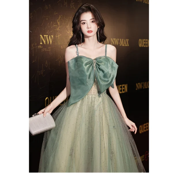 Fashion Sage Green Sequins Prom Dresses 2022 A-Line / Princess Spaghetti Straps Bow Rhinestone Sleeveless Backless Floor-Length / Long Prom Formal Dresses