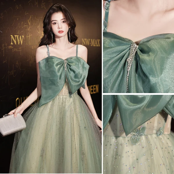 Fashion Sage Green Sequins Prom Dresses 2022 A-Line / Princess Spaghetti Straps Bow Rhinestone Sleeveless Backless Floor-Length / Long Prom Formal Dresses