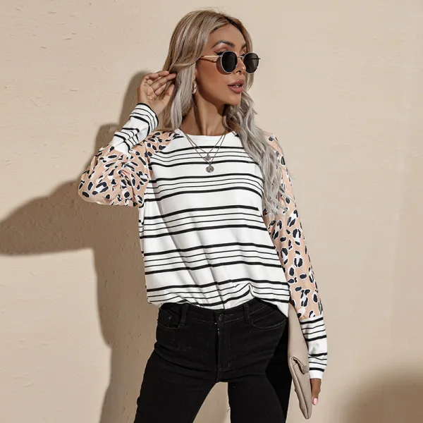 Fancy Women White Stripe Sweatshirts 2021 Scoop Neck Loose Cotton Casual Fall Winter Polka Dot Long Sleeve Tops