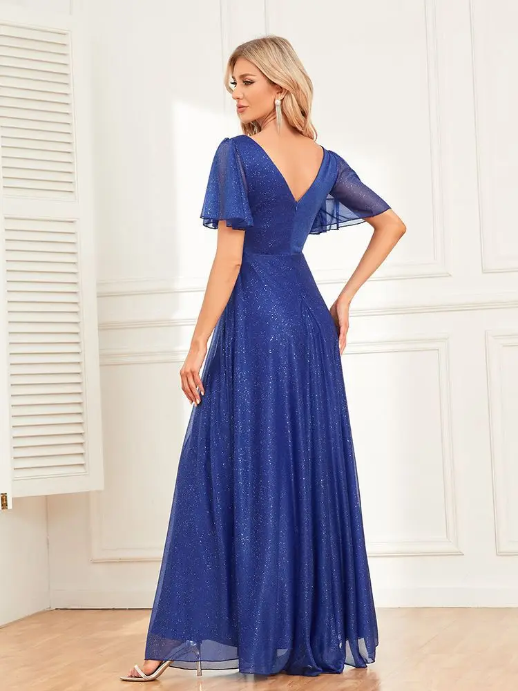 chinese dress ladies A Line V Neck Yellow/Royal Blue Prom Dress with High Leg Slit, Yellow/Royal  Blue Slit Formal Graduation Evening Dresses main image 0