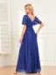 Modest / Simple Royal Blue Prom Dresses 2024 A-Line / Princess V-Neck Short Sleeve Backless Floor-Length / Long Prom Formal Dresses