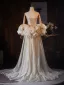 Luxe Scintillantes Champagne Paillettes Robe De Soirée 2026 Trompette / Sirène Bustier Gonflée Manches Courtes Dos Nu Train De Balayage Robe De Ceremonie