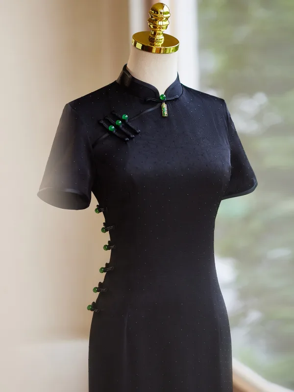 Chinese style Black Summer Tea-length Cheongsam 2024 Trumpet / Mermaid High Neck Short Sleeve