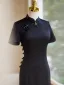 Chinese style Black Summer Tea-length Cheongsam 2024 Trumpet / Mermaid High Neck Short Sleeve
